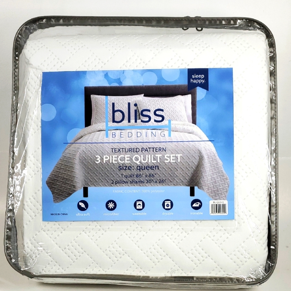 Bliss Bedding White 3 Piece Quilt Set Queen Size